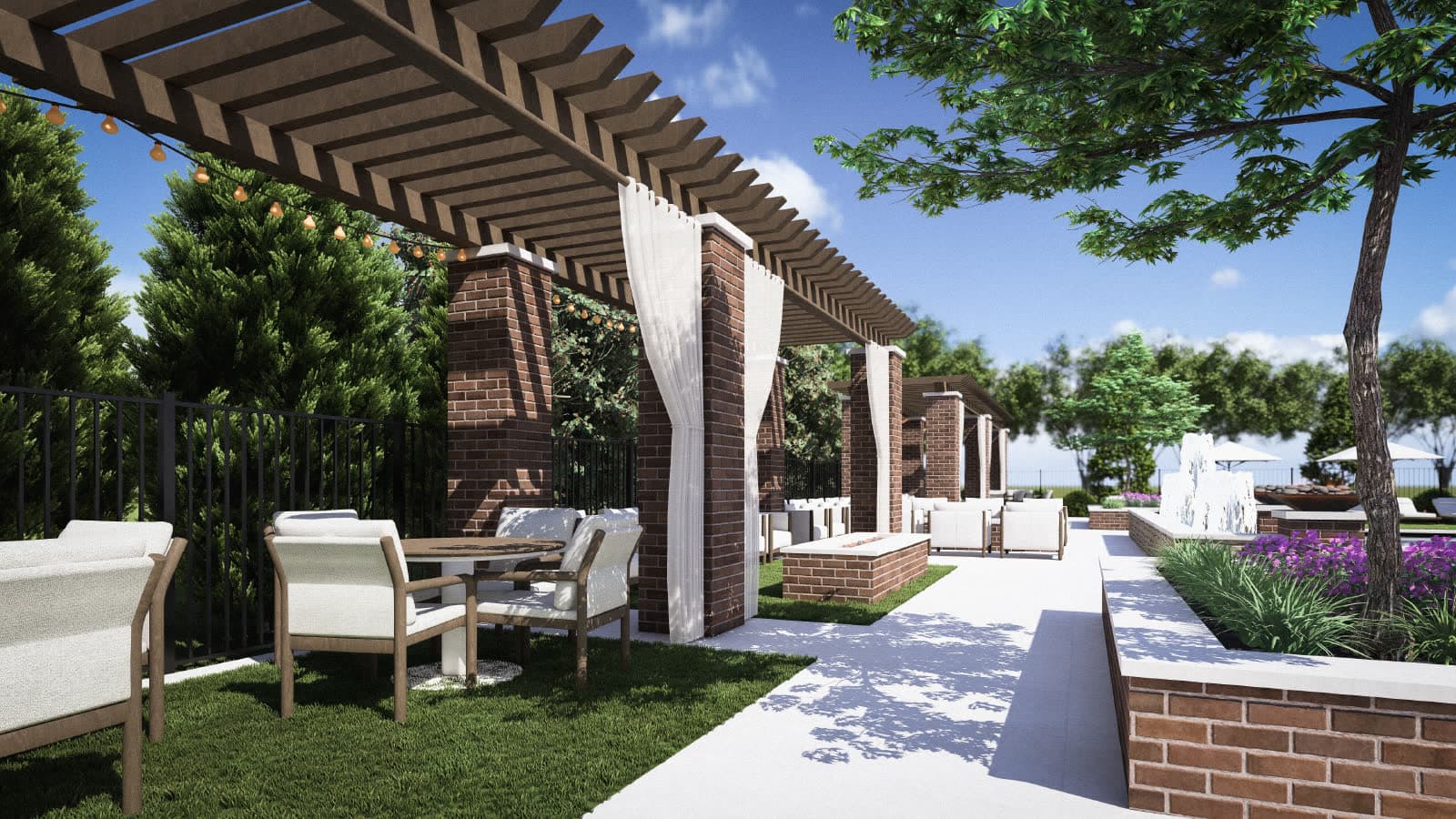 Rendering of brick pergolas and garden walk in the Fountain View greenspace