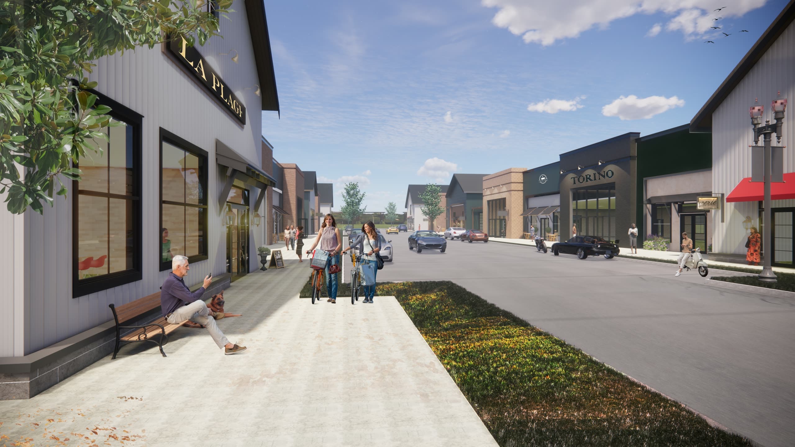 Street-level rendering of the Fountain View village: shops and restaurants lining a walkable main street