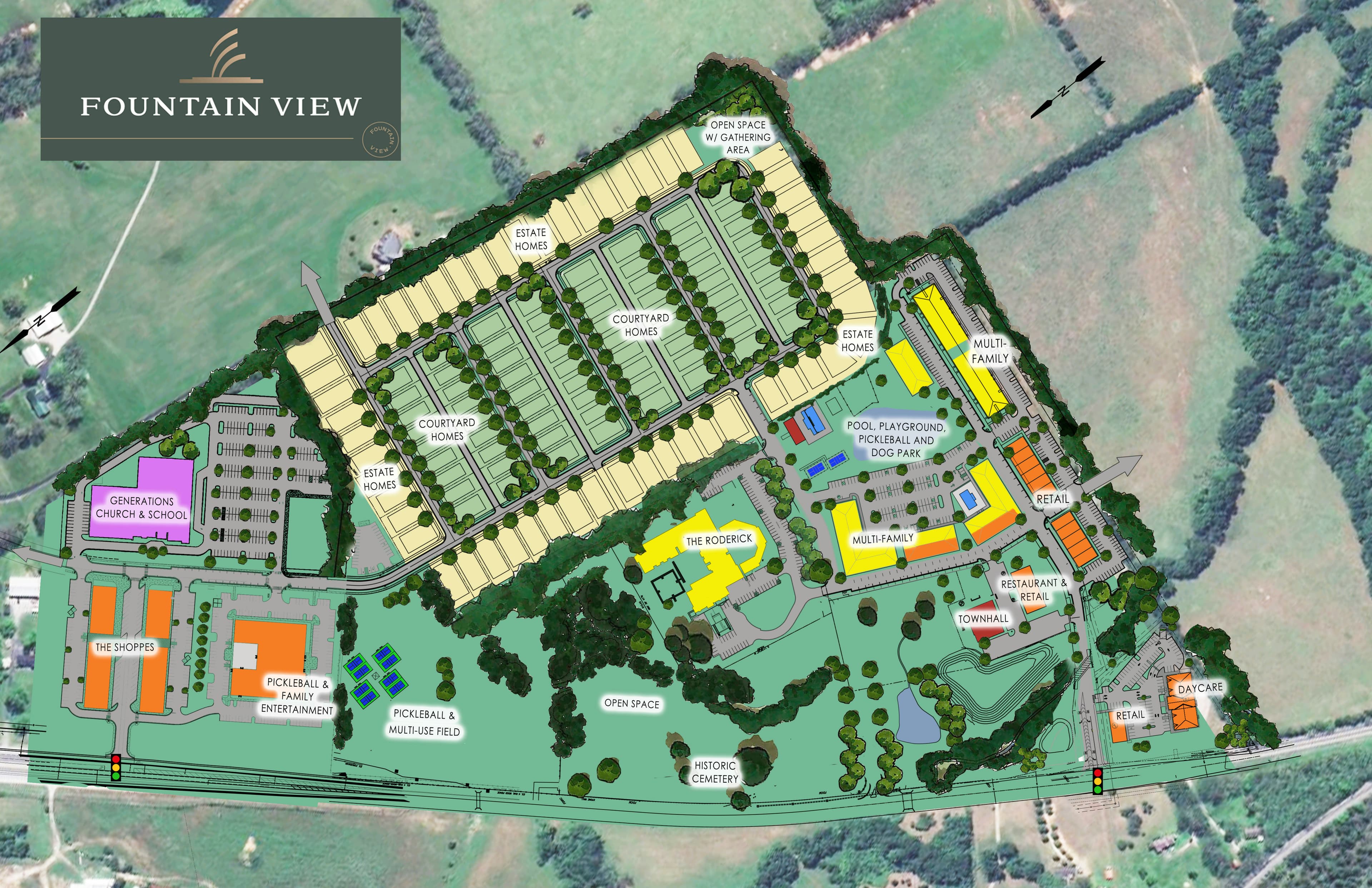 January 2026 masterplan of Fountain View on an aerial photo: estate and courtyard homes, multi-family residences, The Shoppes, retail, Town Hall, church and school, pool and dog park along Columbia Pike