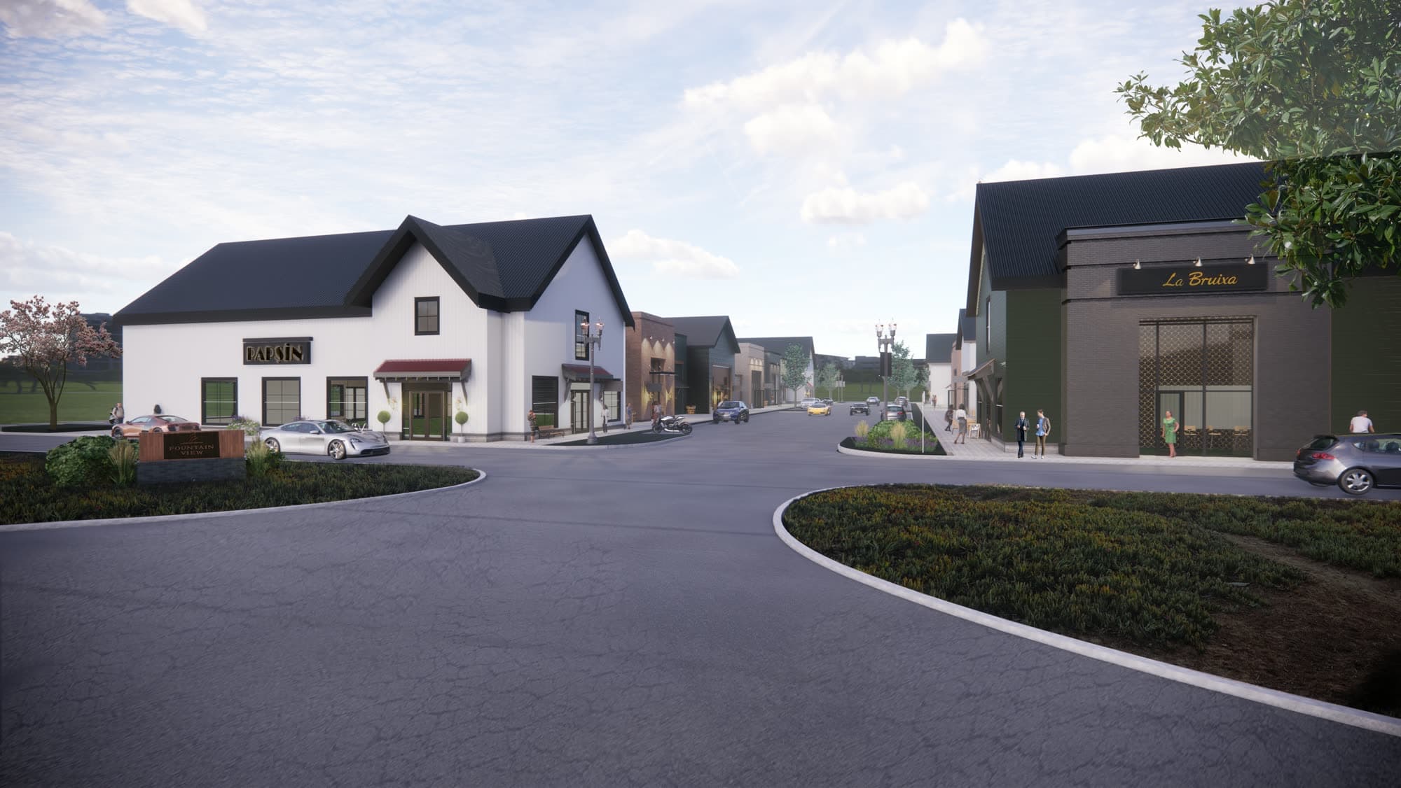 Rendering of Fountain View's retail street with restaurants, storefronts, and sidewalk seating